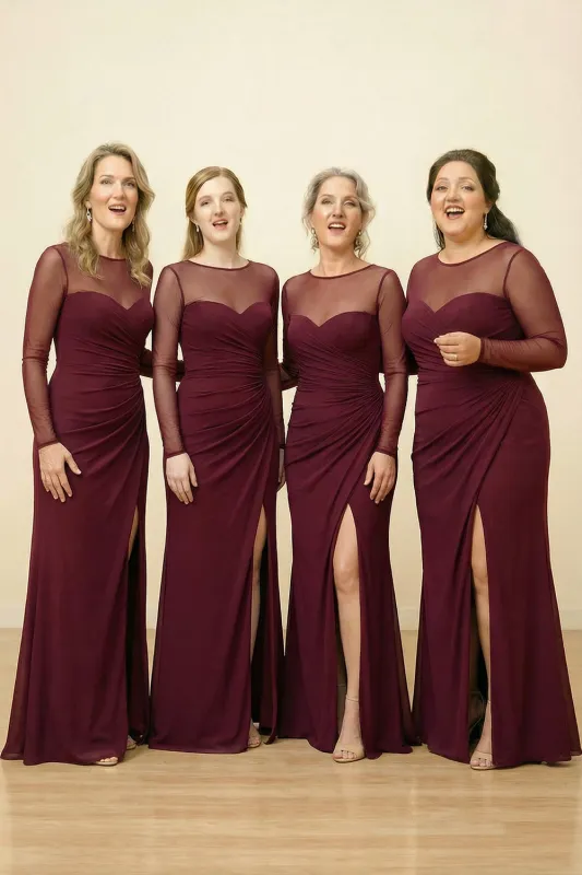 Sheath Cabernet Round Neck Long Choir Dress with Slit sold by Zapaka