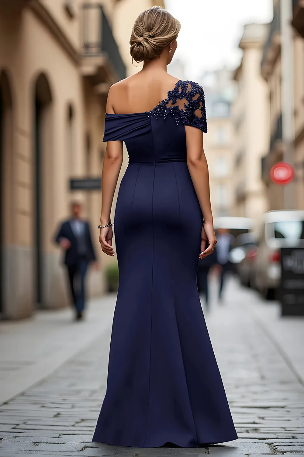 One Shoulder Navy Mermaid Long Choir Dress with Appliques sold by Zapaka product image thumbnail 2