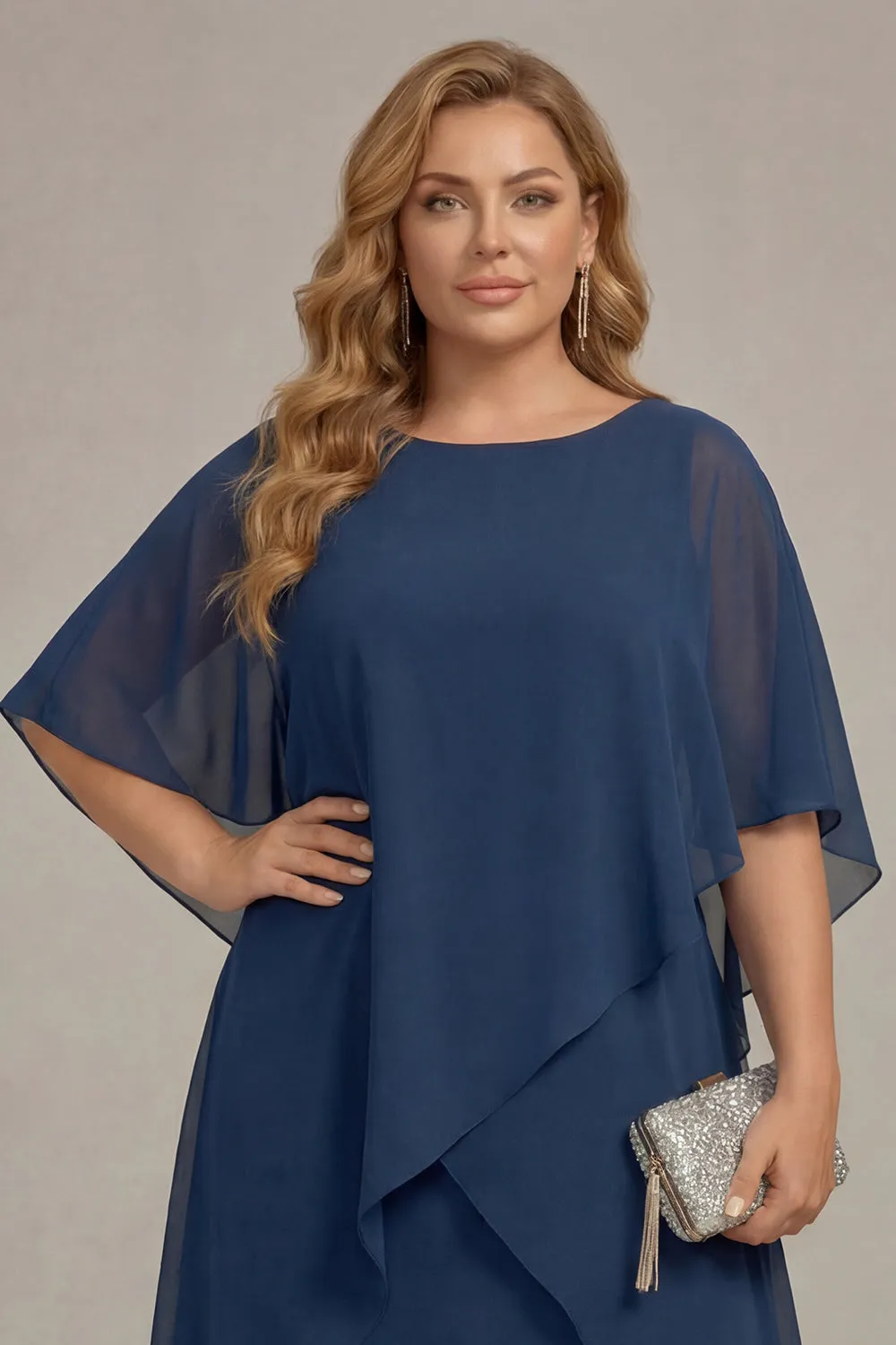 Navy Plus Size Chiffon A-Line Boat Neck Midi Mother of the Bride Dress sold by Zapaka product image thumbnail 4