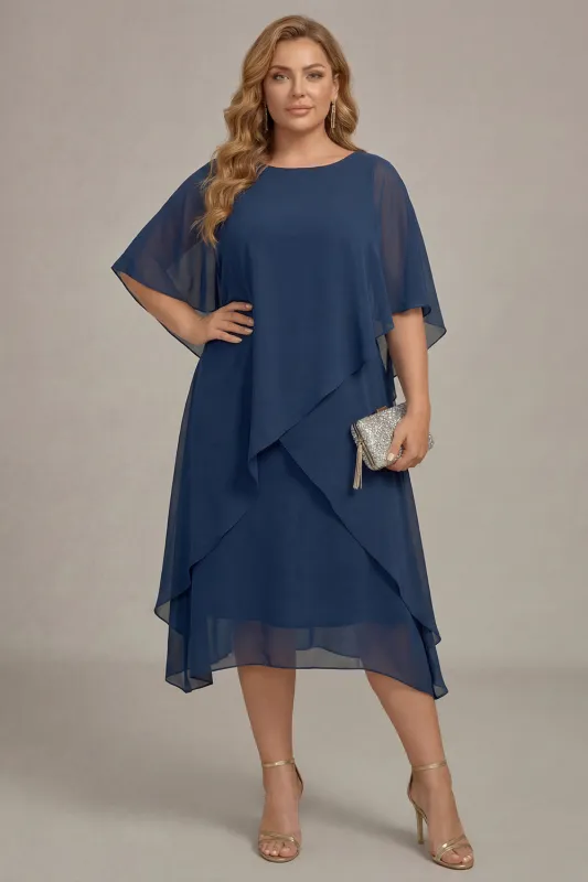 Navy Plus Size Chiffon A-Line Boat Neck Midi Mother of the Bride Dress sold by Zapaka