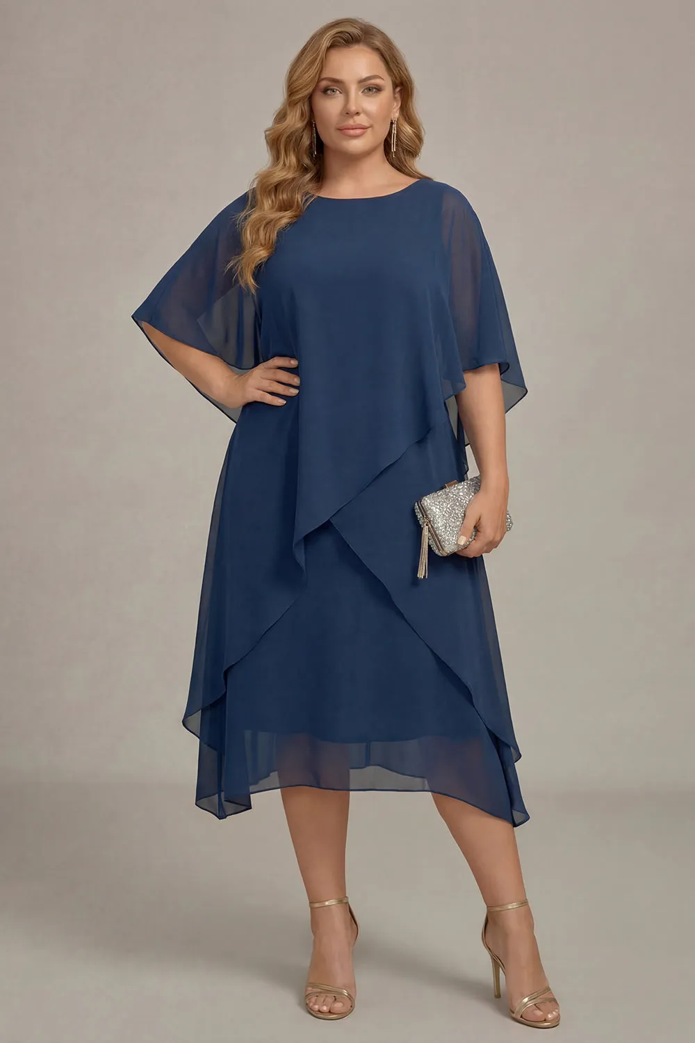 Navy Plus Size Chiffon A-Line Boat Neck Midi Mother of the Bride Dress sold by Zapaka