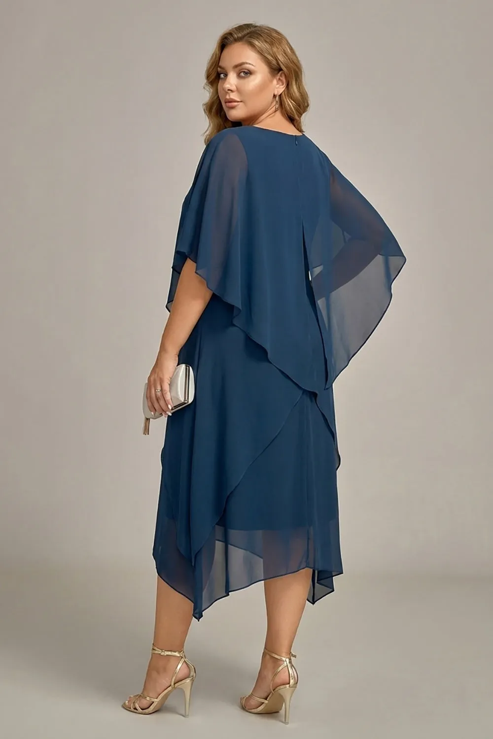 Navy Plus Size Chiffon A-Line Boat Neck Midi Mother of the Bride Dress sold by Zapaka product image thumbnail 2