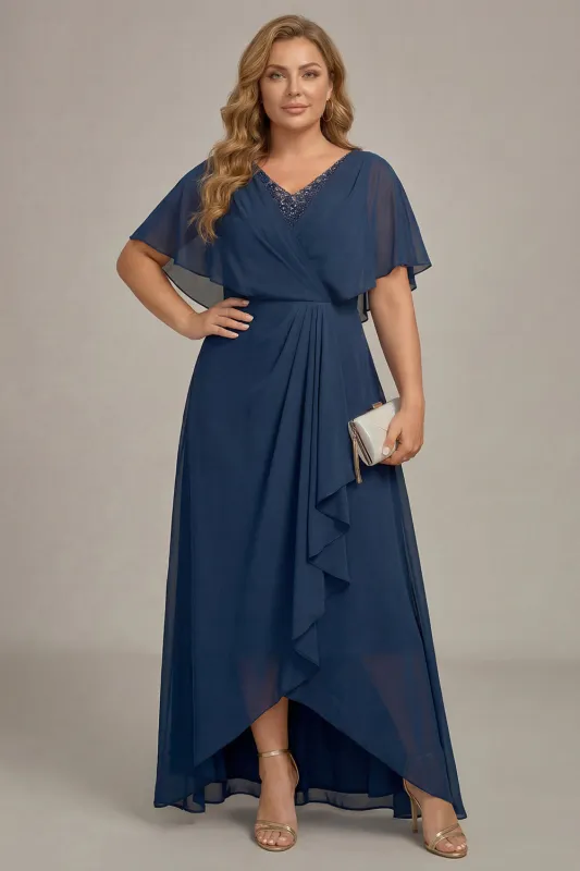 Navy A-Line V-Neck Plus Size Chiffon Mother of the Bride Dress with Ruffles made by Zapaka