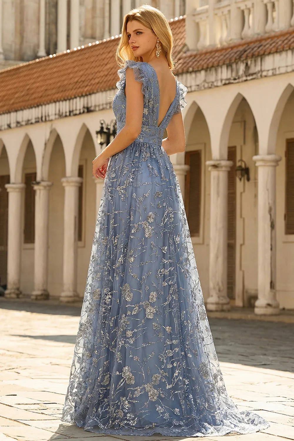 Grey Blue A Line Sequins V-Neck Long Prom Dress with Slit sold by Zapaka product image thumbnail 2