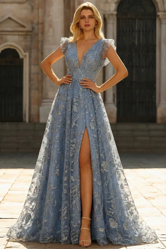 Grey Blue A Line Sequins V-Neck Long Prom Dress with Slit sold by Zapaka
