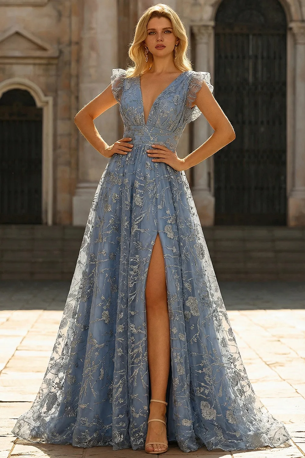 Grey Blue A Line Sequins V-Neck Long Prom Dress with Slit sold by Zapaka