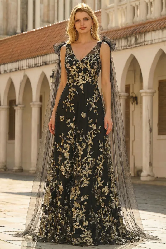 Black Golden Floral A-Line V-Neck Long Prom Dress with Streamer sold by Zapaka