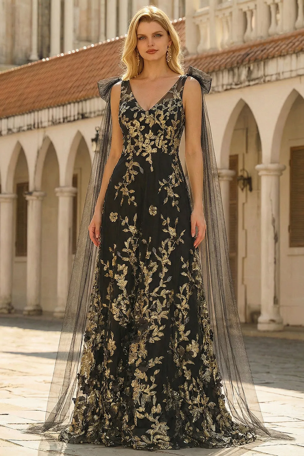Black Golden Floral A-Line V-Neck Long Prom Dress with Streamer sold by Zapaka