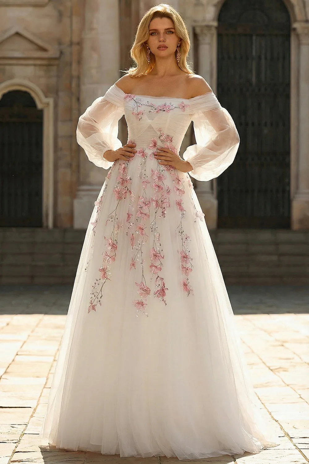 White A-Line Off The Shoulder Embroidered Tulle Long Prom Dress with Sequins sold by Zapaka product image thumbnail 3