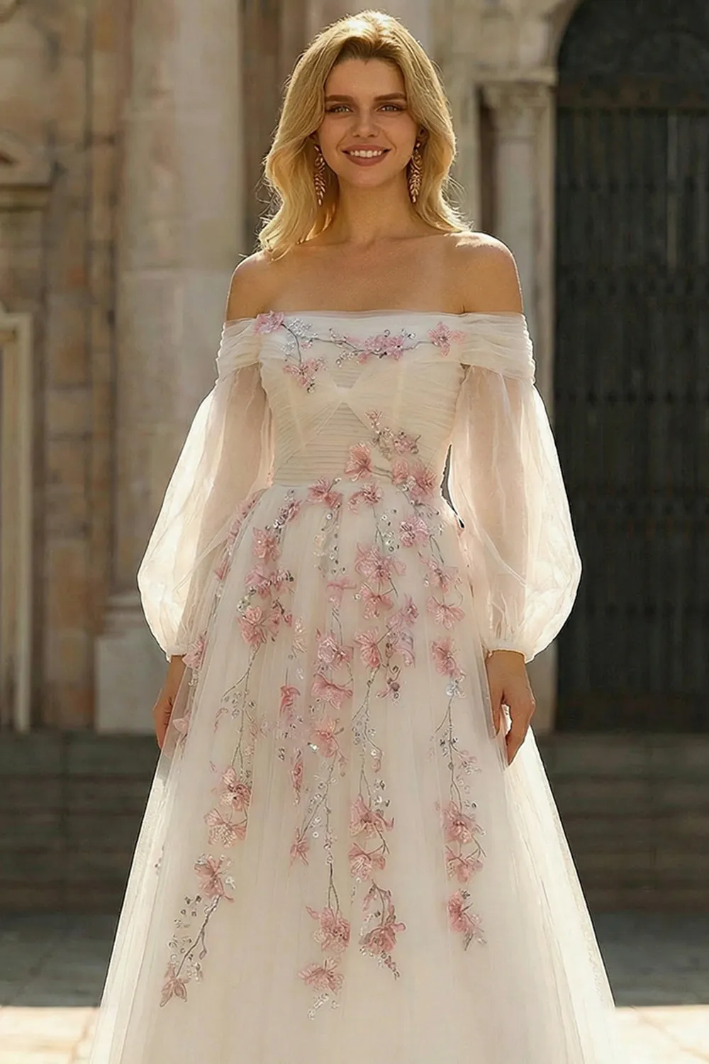 White A-Line Off The Shoulder Embroidered Tulle Long Prom Dress with Sequins sold by Zapaka product image thumbnail 4
