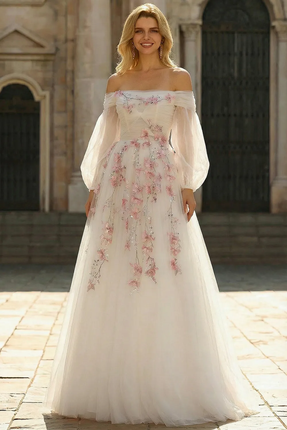 White A-Line Off The Shoulder Embroidered Tulle Long Prom Dress with Sequins sold by Zapaka