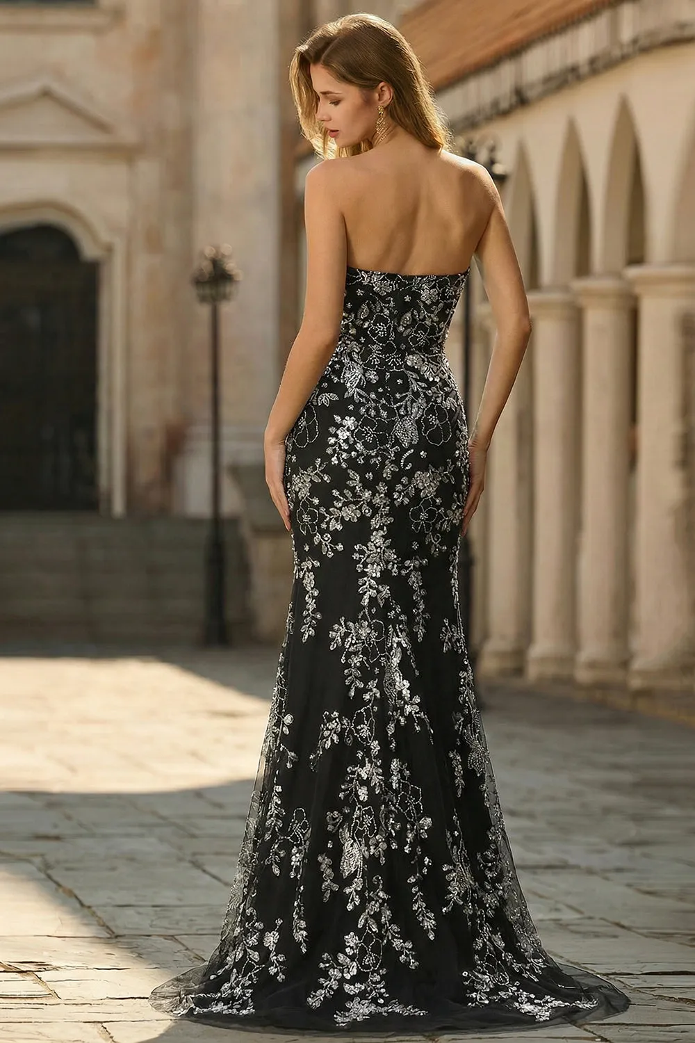 Strapless Black Sequins Mermaid Beaded Long Prom Dress with Slit sold by Zapaka product image thumbnail 2
