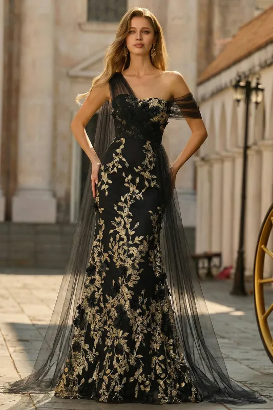 One Shoulder Mermaid Black Golden Sequin Long Prom Dress with Streamer sold by Zapaka