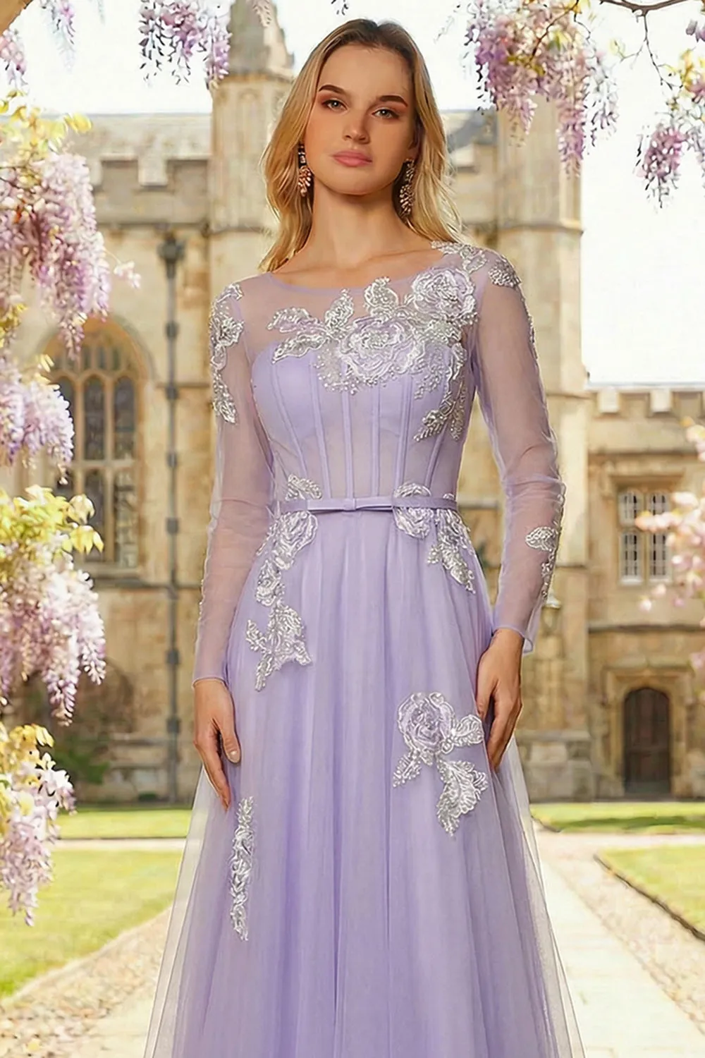 Lilac A Line Corset Sequins Tulle Long Prom Dress with Long Sleeves sold by Zapaka product image thumbnail 3