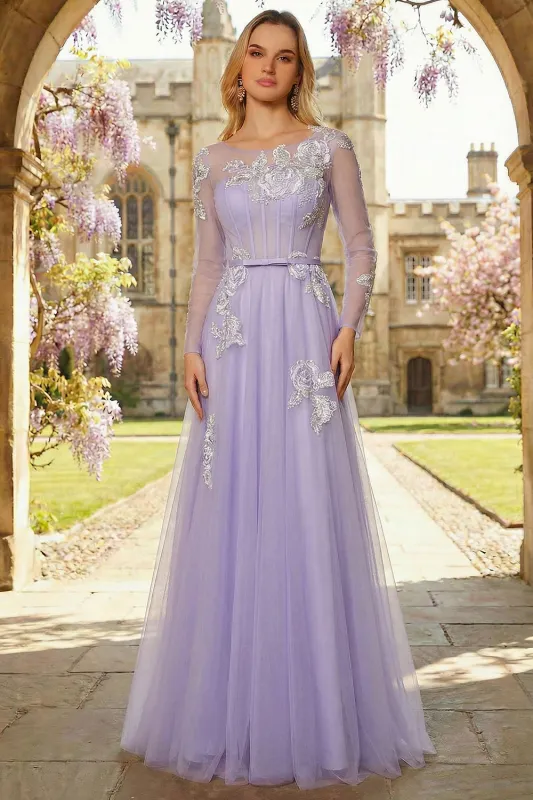 Lilac A Line Corset Sequins Tulle Long Prom Dress with Long Sleeves made by Zapaka