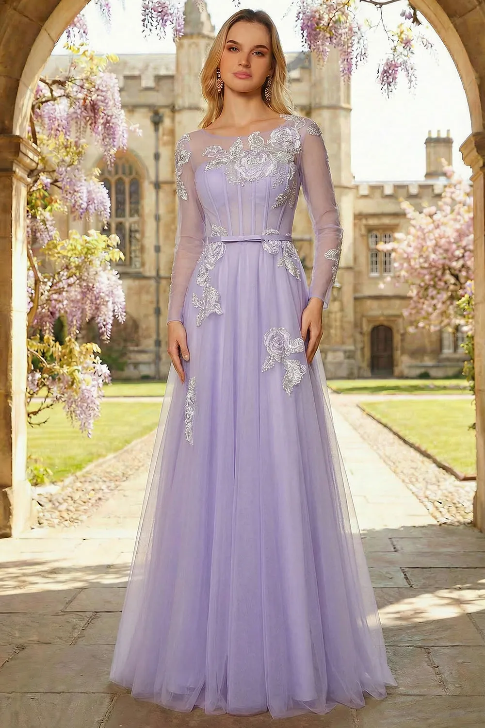 Lilac A Line Corset Sequins Tulle Long Prom Dress with Long Sleeves sold by Zapaka