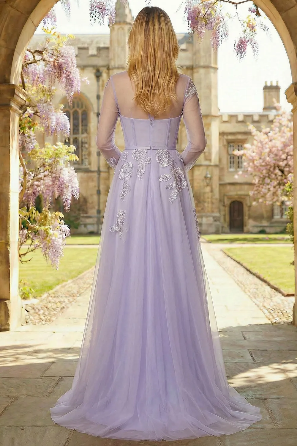 Lilac A Line Corset Sequins Tulle Long Prom Dress with Long Sleeves sold by Zapaka product image thumbnail 2