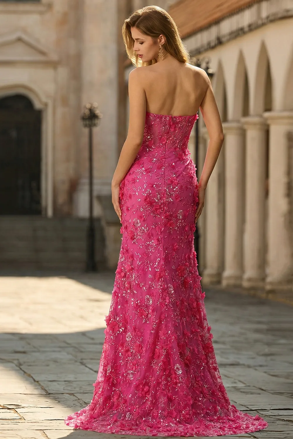 Fuchsia Mermaid Corset Strapless 3D Flowers Sequin Long Prom Dress with Slit sold by Zapaka product image thumbnail 2