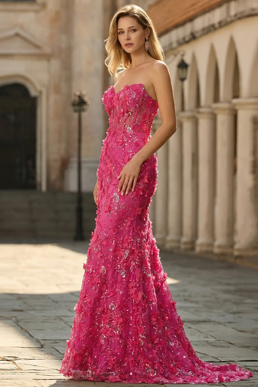 Fuchsia Mermaid Corset Strapless 3D Flowers Sequin Long Prom Dress with Slit sold by Zapaka product image thumbnail 3