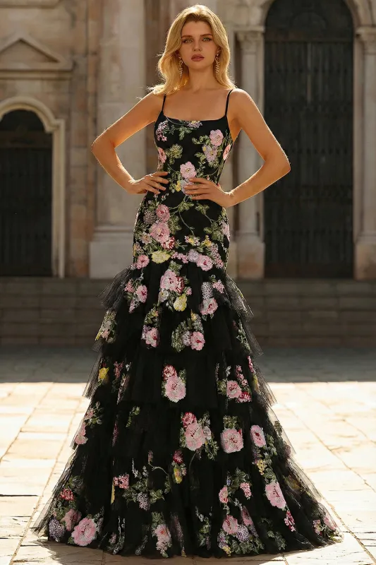 Black Floral Ruffled Mermaid Sequin Long Prom Dress with Lace Up Back sold by Zapaka