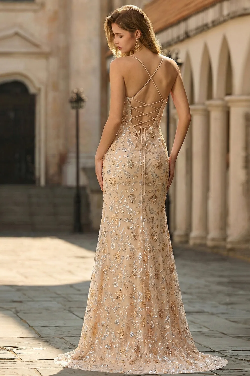 Sparkly Champagne Sequins Mermaid Lace Up Back Long Prom Dress with Slit sold by Zapaka product image thumbnail 2