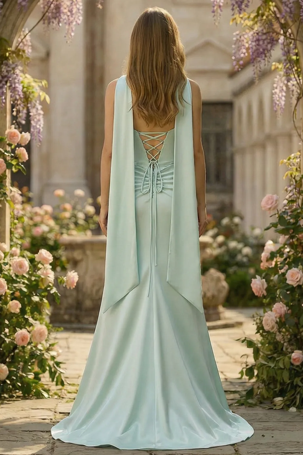 Strapless Corset Mermaid Light Green Satin Side Slit Maxi Dress with a Neck Scarf sold by Zapaka product image thumbnail 2