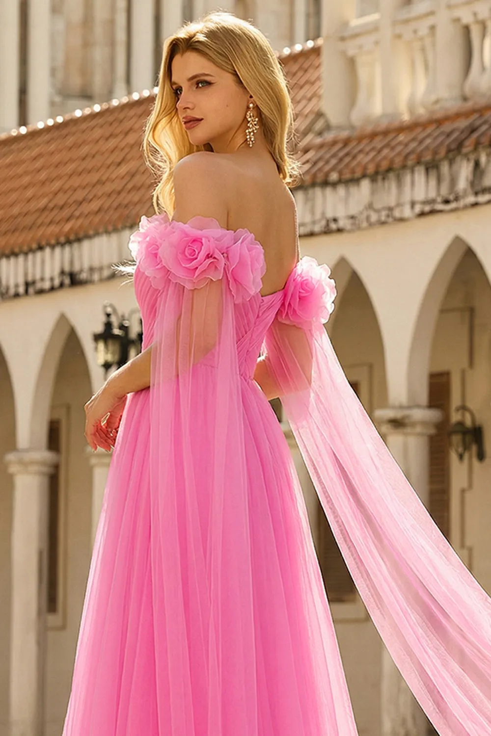 Off The Shoulder Hot Pink A Line Pleated Tulle Long Prom Dress with Streamer sold by Zapaka product image thumbnail 4