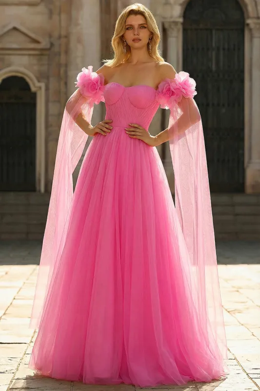 Off The Shoulder Hot Pink A Line Pleated Tulle Long Prom Dress with Streamer sold by Zapaka