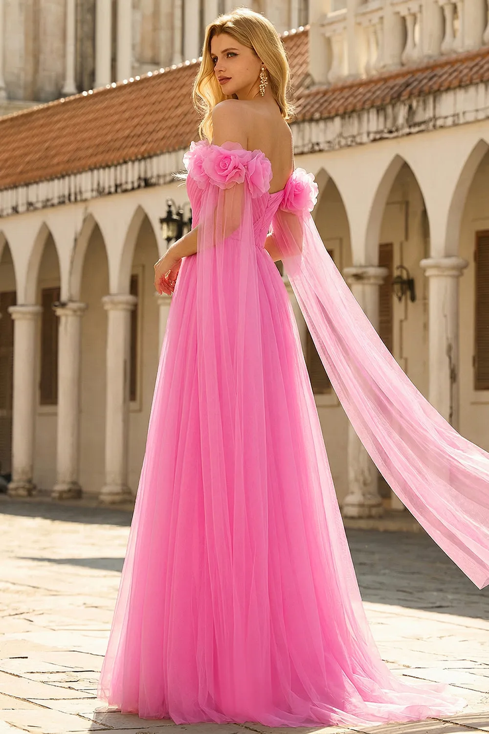 Off The Shoulder Hot Pink A Line Pleated Tulle Long Prom Dress with Streamer sold by Zapaka product image thumbnail 2