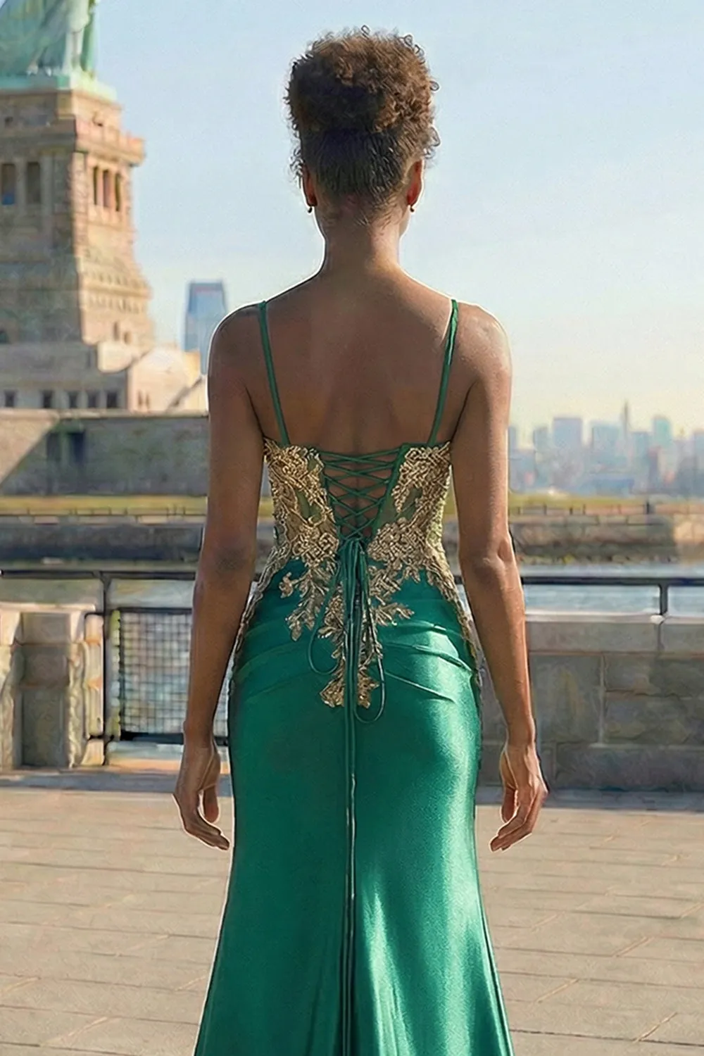 Dark Green Sequins Mermaid Satin Lace Up Back Long Prom Dress with Slit sold by Zapaka product image thumbnail 4