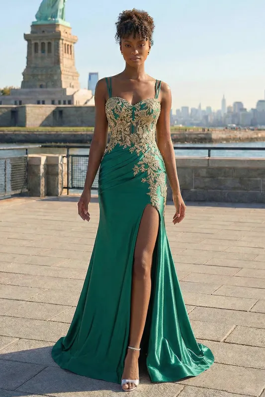 Dark Green Sequins Mermaid Satin Lace Up Back Long Prom Dress with Slit sold by Zapaka