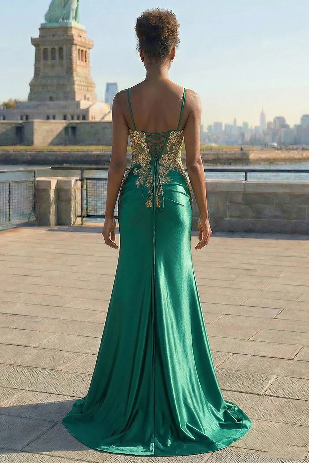 Dark Green Sequins Mermaid Satin Lace Up Back Long Prom Dress with Slit sold by Zapaka product image thumbnail 2