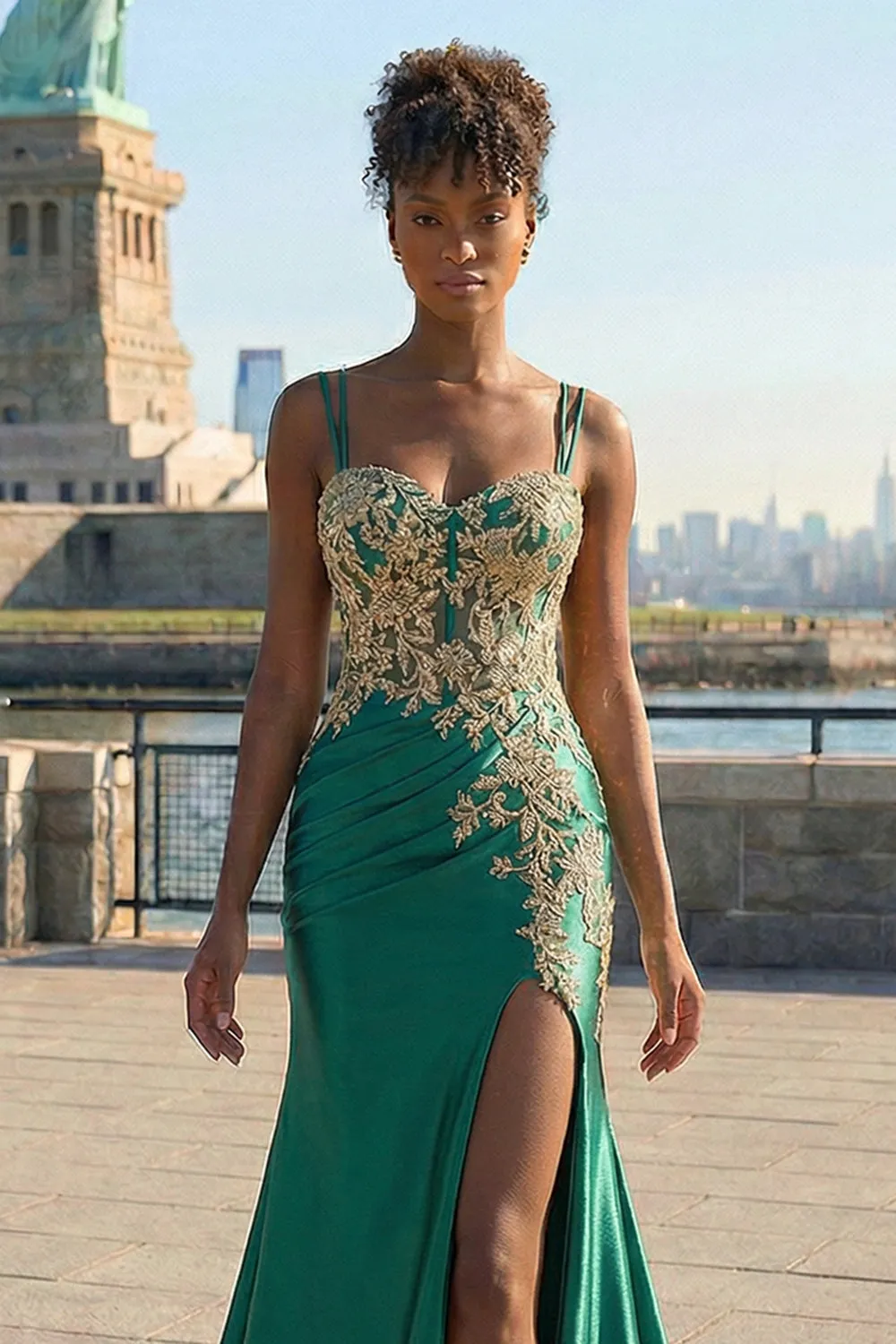 Dark Green Sequins Mermaid Satin Lace Up Back Long Prom Dress with Slit sold by Zapaka product image thumbnail 3