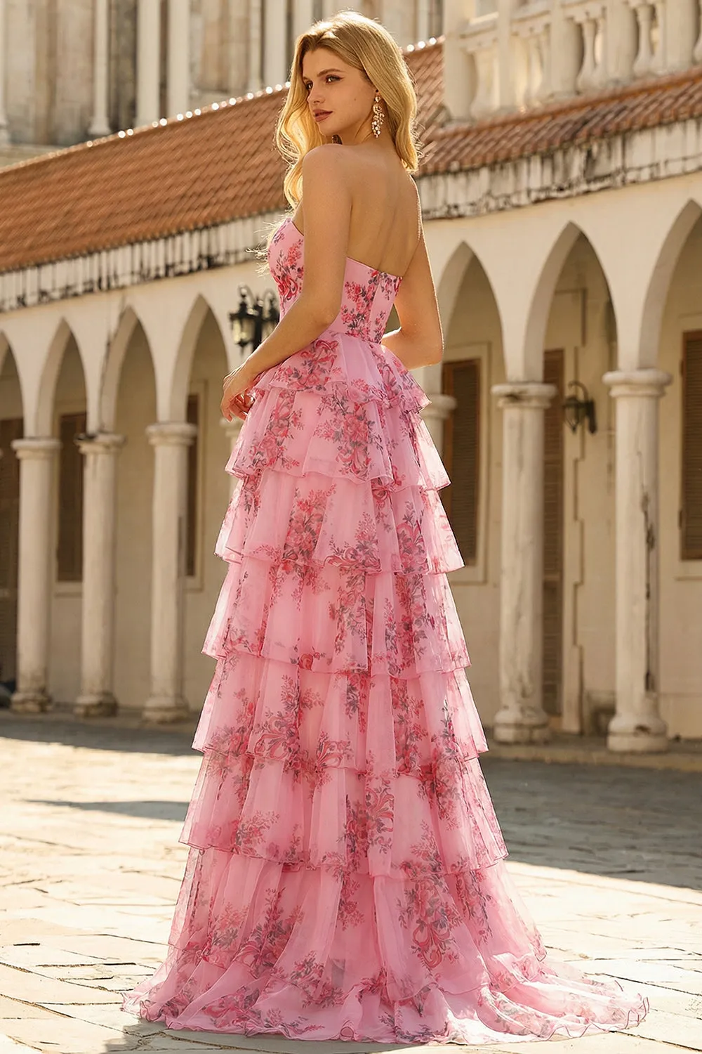 Floral A-Line Strapless Tiered Ruffle Long Blush Prom Dress with Slit sold by Zapaka product image thumbnail 2