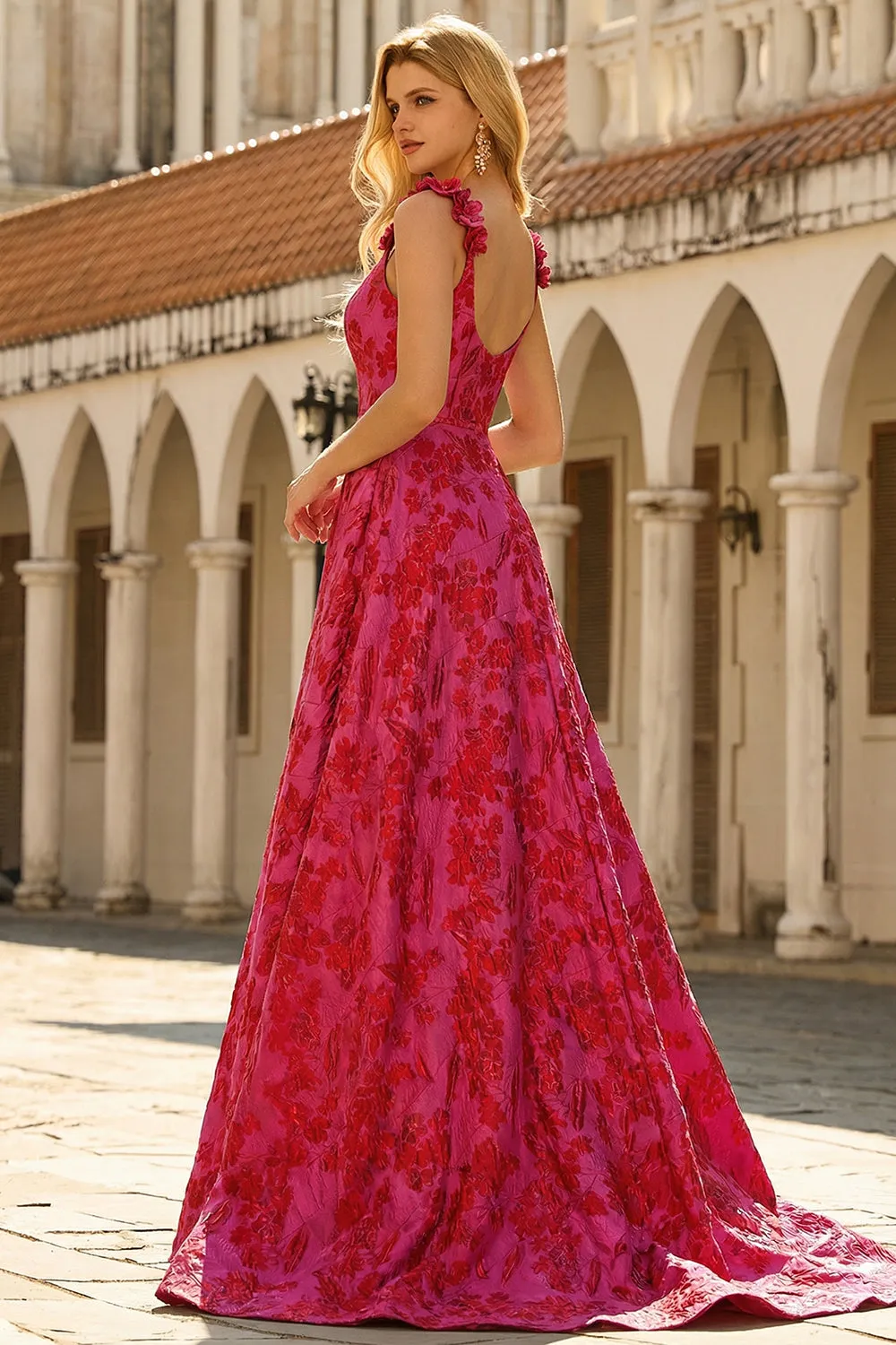 Fuchsia A-Line Floral Spaghetti Straps Jacquard Brocade Long Prom Dress sold by Zapaka product image thumbnail 2