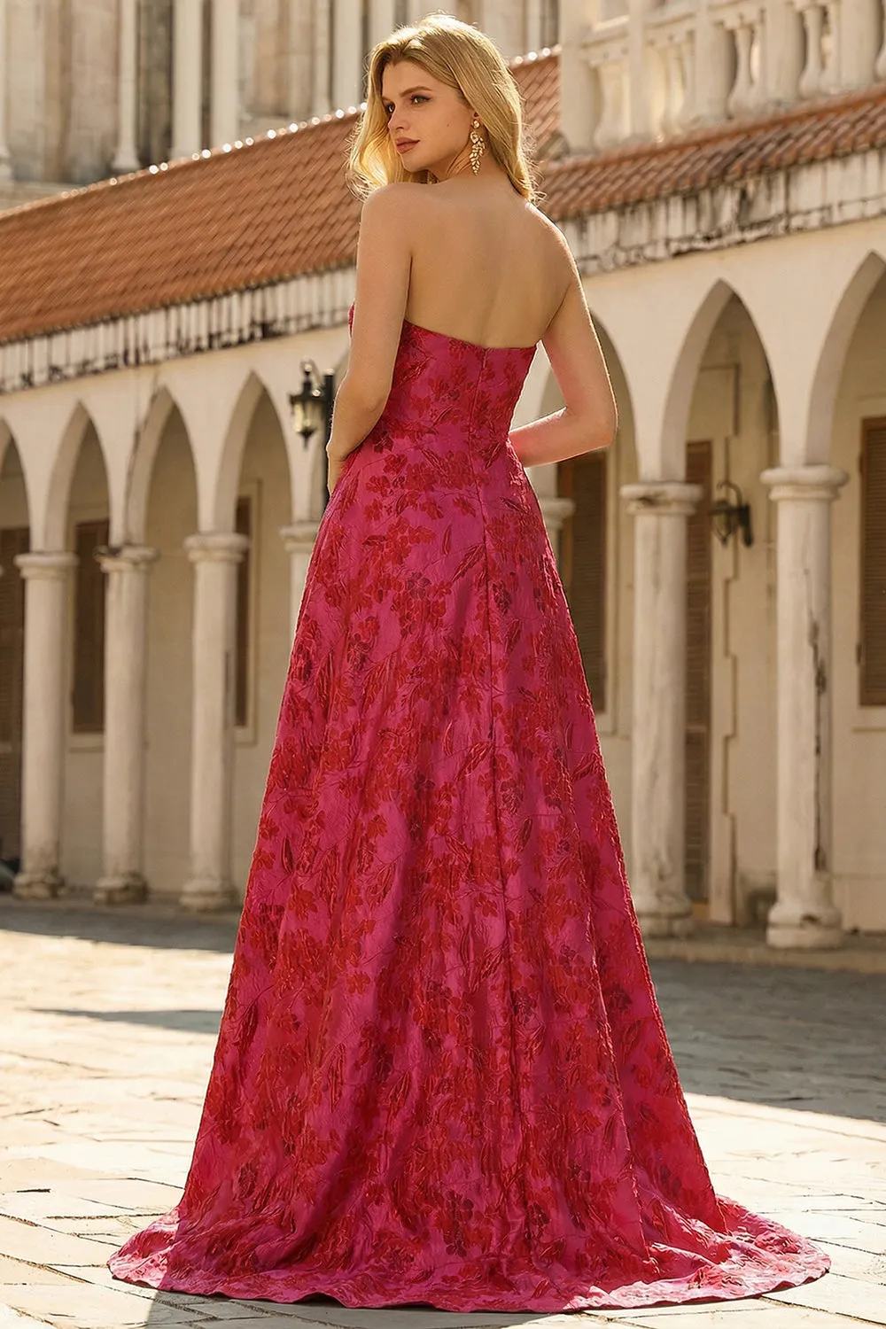 Strapless Fuchsia Floral A-Line Brocade Long Prom Dress sold by Zapaka product image thumbnail 2