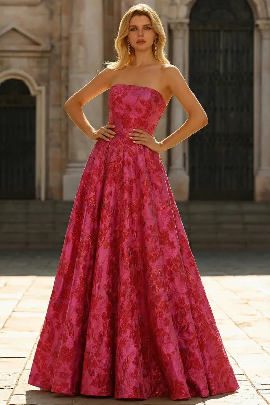 Strapless Fuchsia Floral A-Line Brocade Long Prom Dress sold by Zapaka