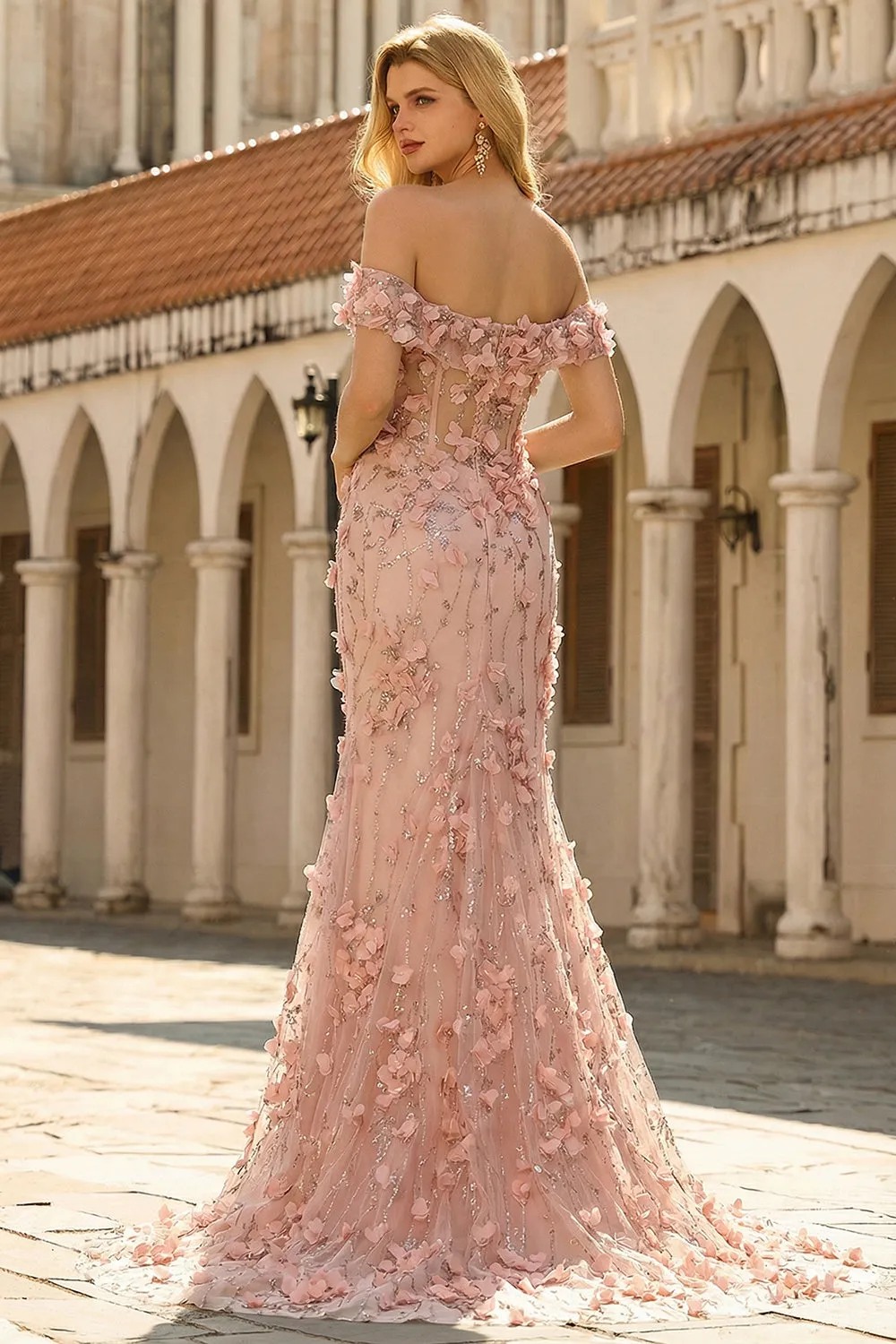 Off The Shoulder Mermaid Blush Side Slit Long Prom Dress with 3D Flowers sold by Zapaka product image thumbnail 2