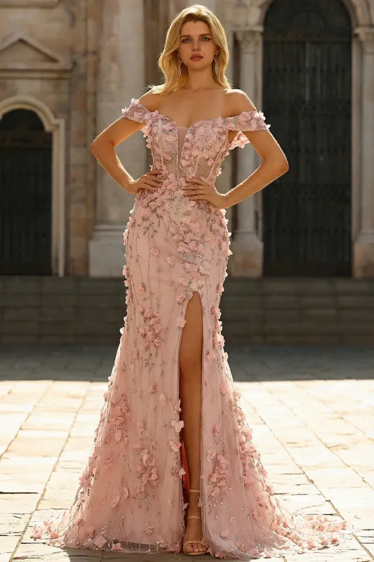 Off The Shoulder Mermaid Blush Side Slit Long Prom Dress with 3D Flowers sold by Zapaka