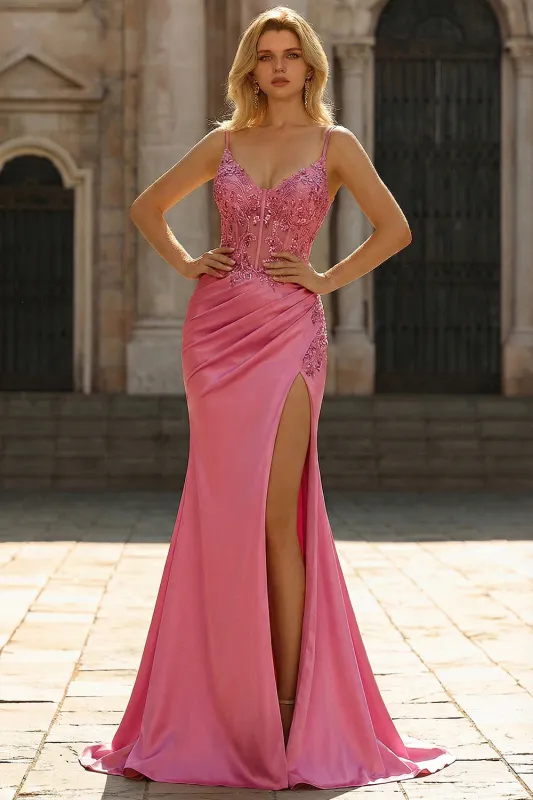 Mermaid Sequins Sheer Corset Coral Long Prom Dress with Slit sold by Zapaka