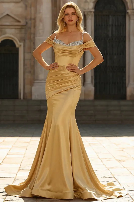 Golden Mermaid Ruched Cold Shoulder Satin Long Prom Dress with Sequins sold by Zapaka