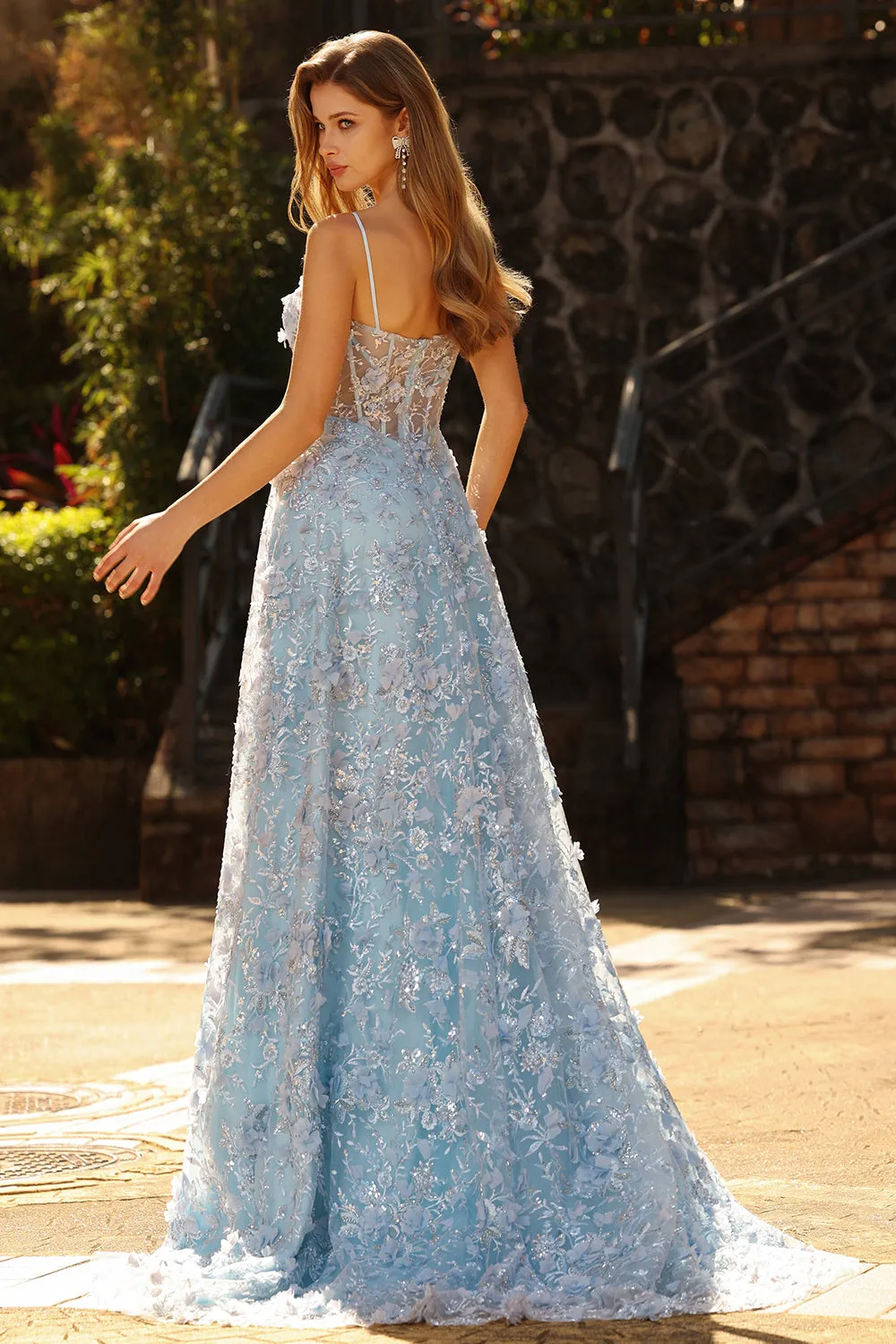 Blue Sequins A Line Sheer Corset 3D Flowers Long Prom Dress with Slit sold by Zapaka product image thumbnail 2