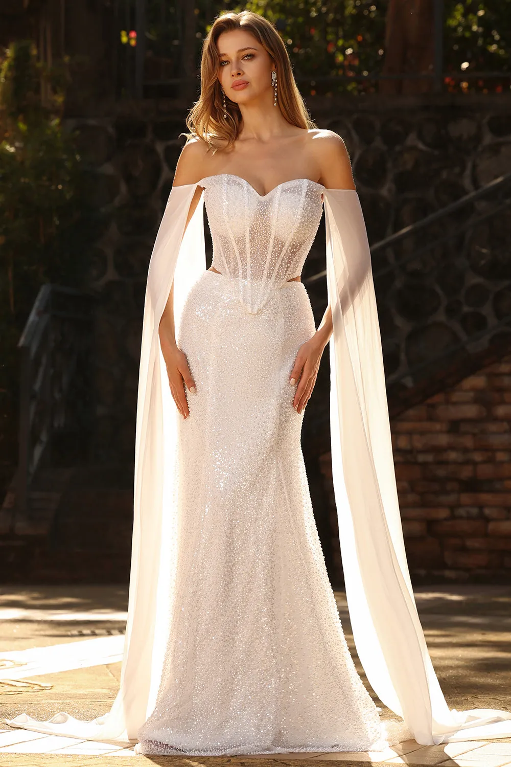 White Beaded Sweetheart Mermaid Basque Waist Sequin Long Prom Dress with Cape sold by Zapaka product image thumbnail 3