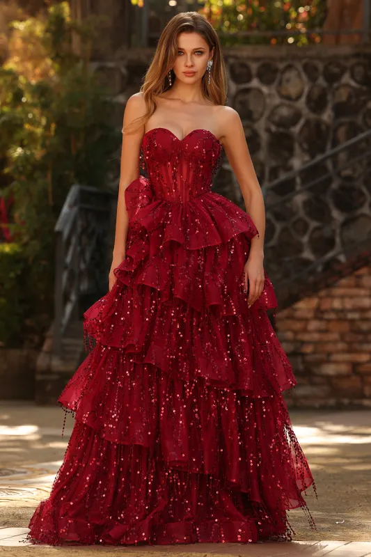 Sparkly Burgundy Princess Sweetheart Fringed Long Sequin Prom Dress with Ruffles sold by Zapaka