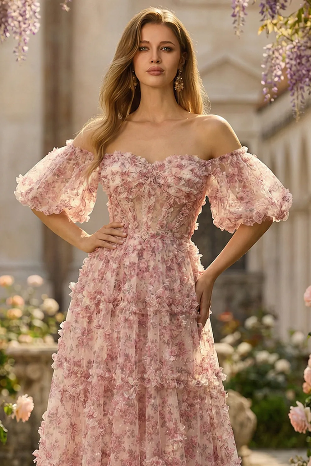 Ivory Floral A-Line Off The Shoulder Long Prom Dress with 3D Flowers sold by Zapaka product image thumbnail 3