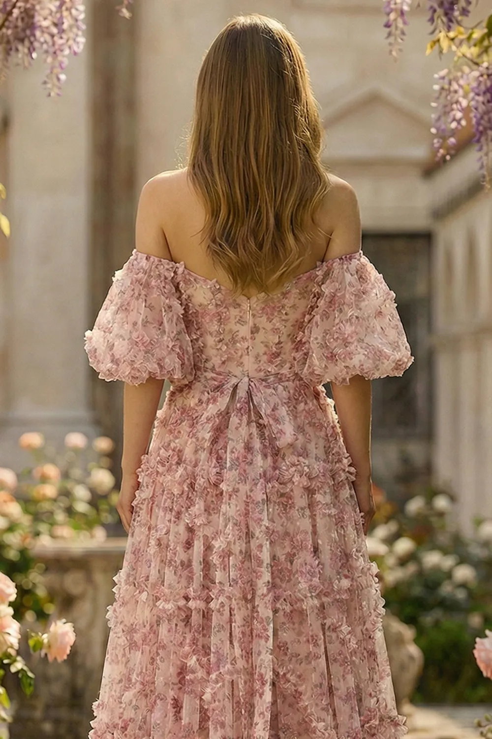 Ivory Floral A-Line Off The Shoulder Long Prom Dress with 3D Flowers sold by Zapaka product image thumbnail 4