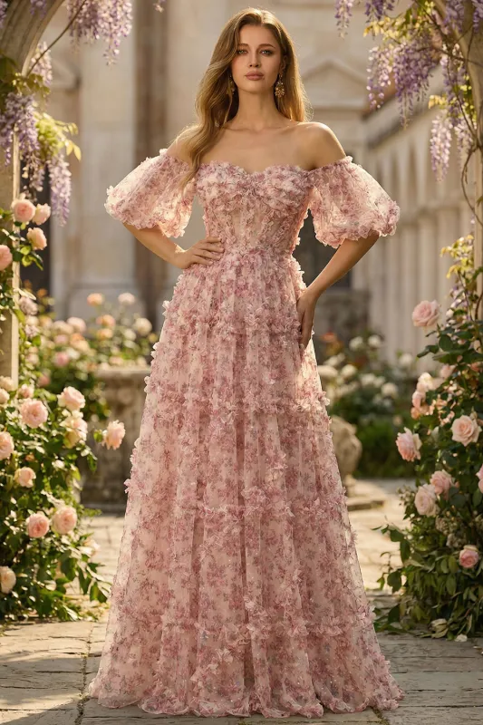 Ivory Floral A-Line Off The Shoulder Long Prom Dress with 3D Flowers sold by Zapaka