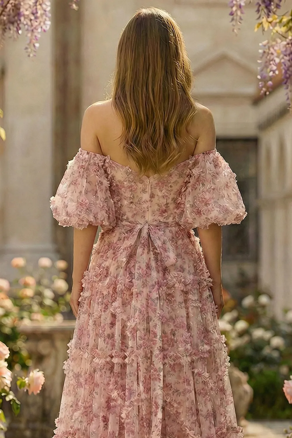 Pink A-Line Sheer Boned Corset Off The Shoulder Long Floral Plus Size Prom Dress sold by Zapaka product image thumbnail 4