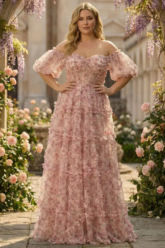 Pink A-Line Sheer Boned Corset Off The Shoulder Long Floral Plus Size Prom Dress sold by Zapaka