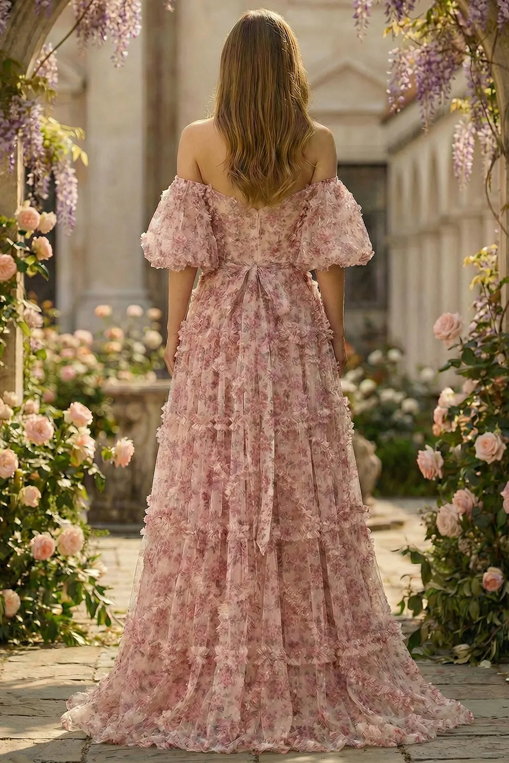 Pink A-Line Sheer Boned Corset Off The Shoulder Long Floral Plus Size Prom Dress sold by Zapaka product image thumbnail 2